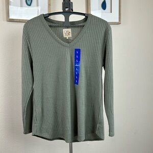 CHASER Green Waffle Knit Thermal Henley Soft Split Hem Thermal NWT